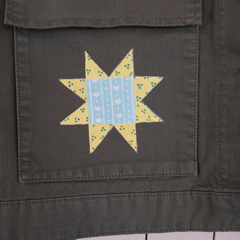 Hand Painted Olive Utility Jacket Rose Goose Patchwork Quilt Star L • XL • 2XL - Picture 8 of 13